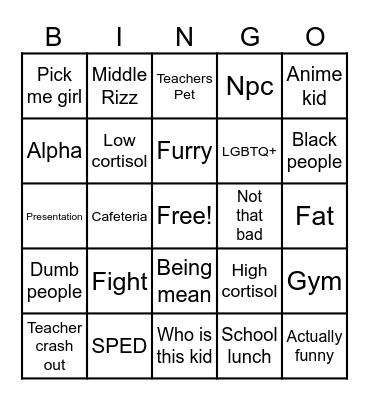 School Bingo Card