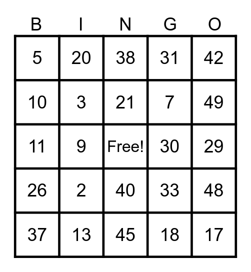 Auditory Comprehension Bingo Card
