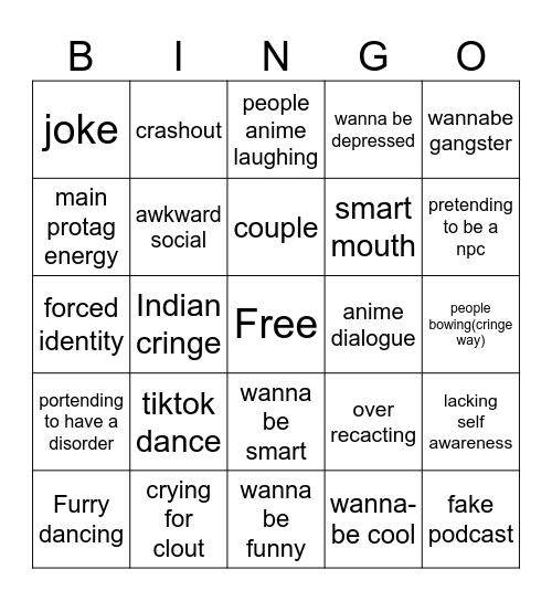cringe Bingo Card