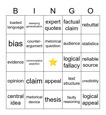 Argumentative & Informational Vocabulary Bingo Card