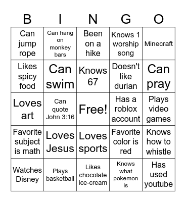 For kids Bingo Card