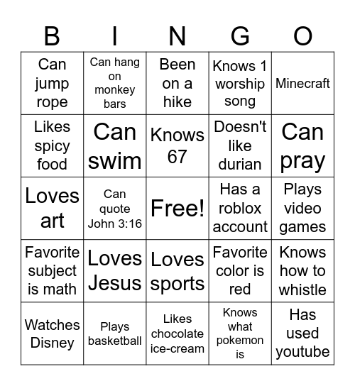 For kids Bingo Card