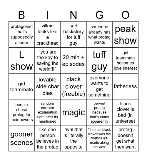 Black Clover Blind First Watch Bingo Card
