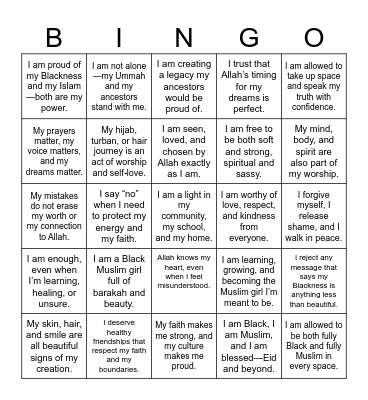 Muslim Girl Power Bingo Card