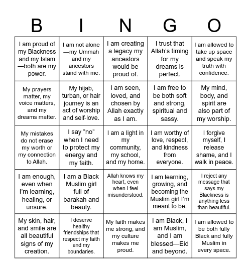 Muslim Girl Power Bingo Card