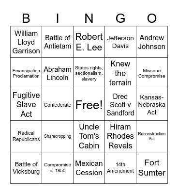 Civil War/Reconstruction Bingo Card