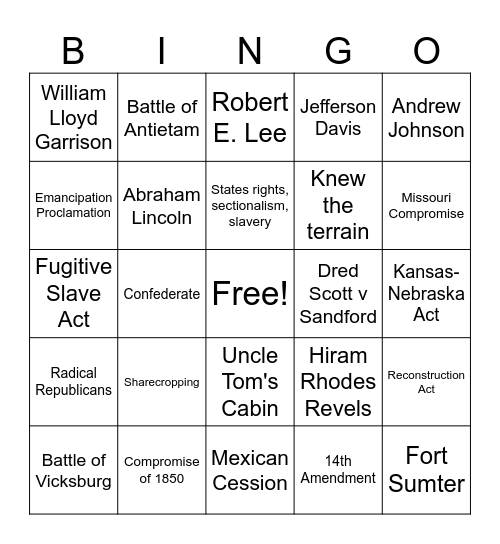 Civil War/Reconstruction Bingo Card
