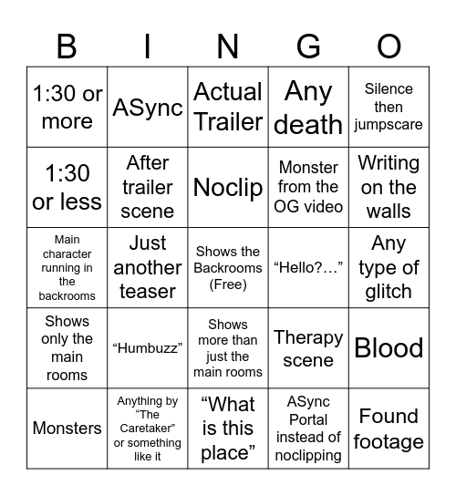 Backrooms Bingo Card