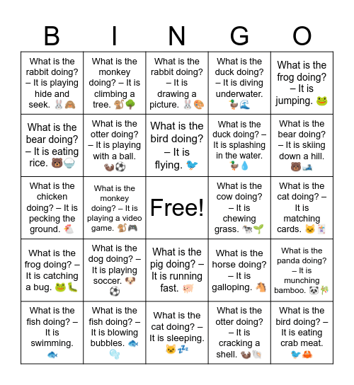 B6 L11 (easy)What is the bird doing? – It is eating crab meat. 🐦🦀 Bingo Card