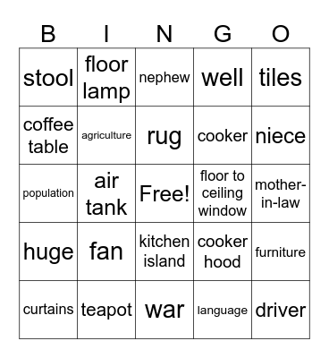 Possessions Bingo Card