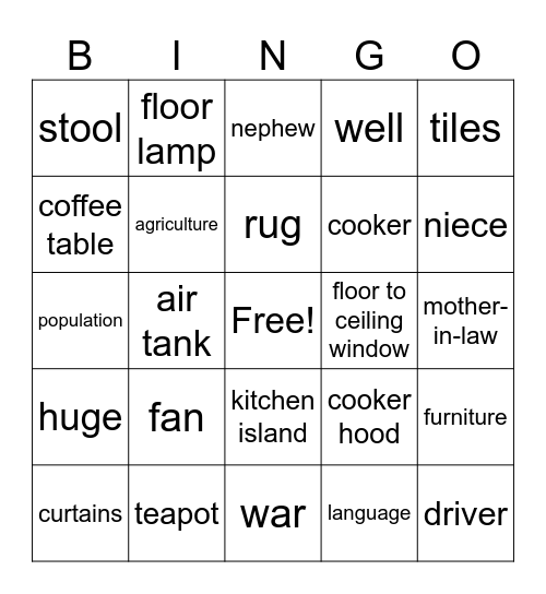 Possessions Bingo Card