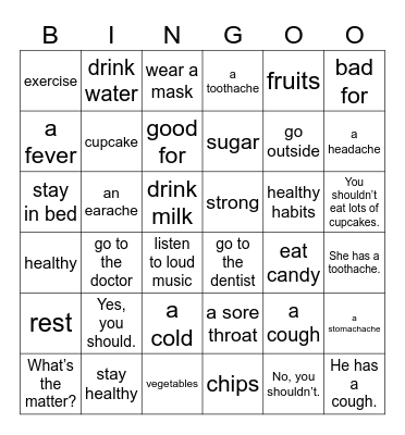 UNIT 10: WHAT'S THE MATTER? Bingo Card