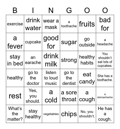 UNIT 10: WHAT'S THE MATTER? Bingo Card