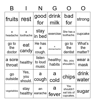 UNIT 10: WHAT'S THE MATTER? Bingo Card