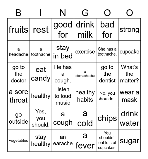 UNIT 10: WHAT'S THE MATTER? Bingo Card