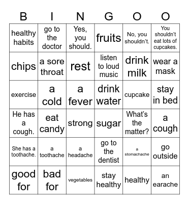 UNIT 10: WHAT'S THE MATTER? Bingo Card