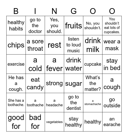 UNIT 10: WHAT'S THE MATTER? Bingo Card