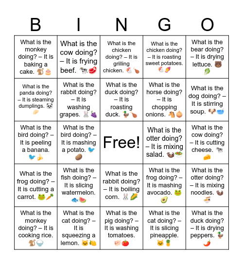 B6 L11 What is the cat doing? – It is slicing pineapple. 🐱🍍 Bingo Card