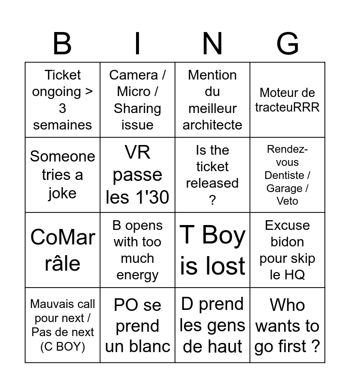 Daily Stand Up Bingo Card