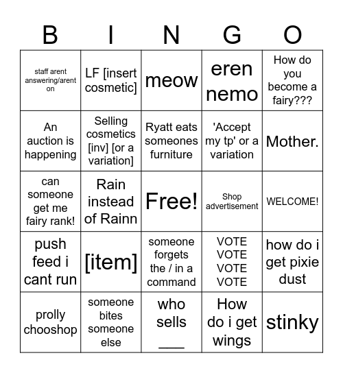 Faeries bingo Card