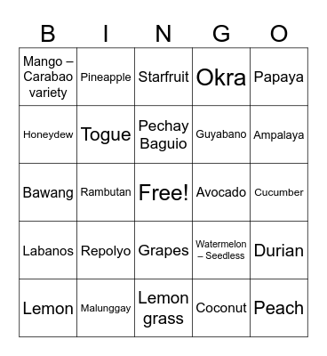 Fruits and Vegetables Bingo Card