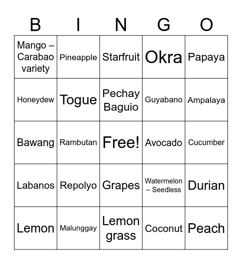 Fruits and Vegetables Bingo Card