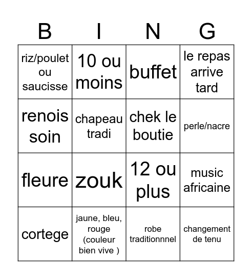 ambiance a l'ivoirienne 200 invité 10 k Bingo Card