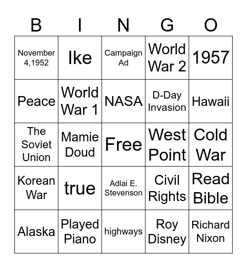 4th History Eisenhower in the White House Bingo Card