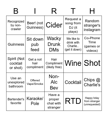 B'Day Pubcrawl Bingo Sheet Bingo Card