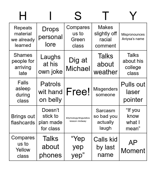 Ack Attack Bingo Card