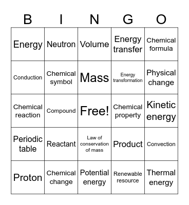 Matter and Energy Bingo Card