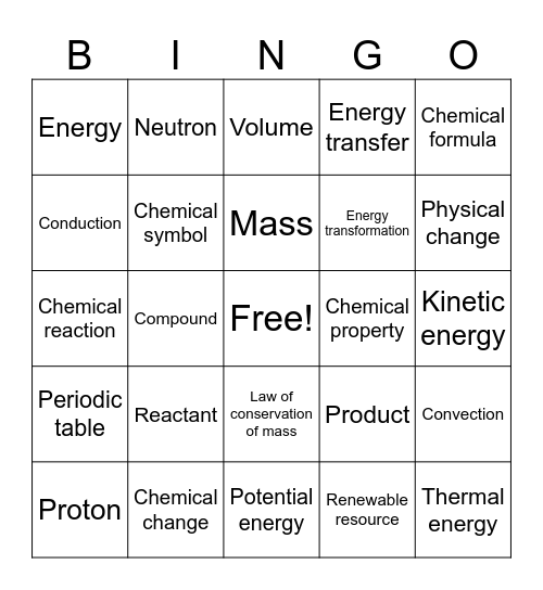Matter and Energy Bingo Card
