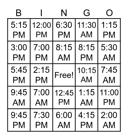 TELLING TIME Bingo Card