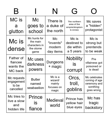 Villainess bingo list Bingo Card