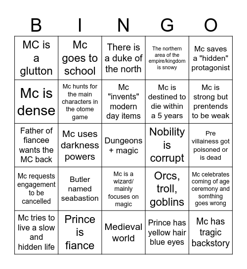 Villainess bingo list Bingo Card
