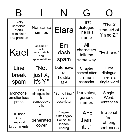 Reddit AI/Weird Writing Bingo Card