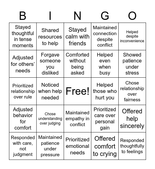 CARE ETHICS BINGO Card