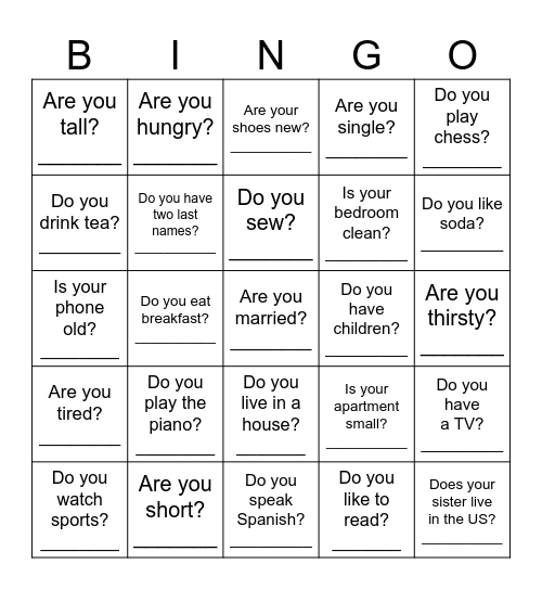 Simple Present Questions: Bingo Card