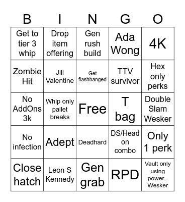 Wesker and Nemesis Only Bingo Card