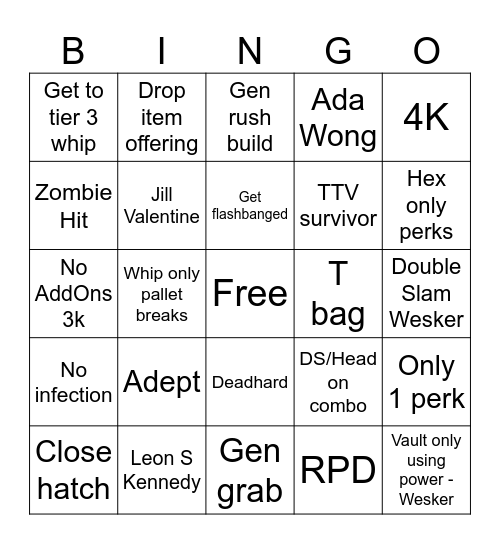Wesker and Nemesis Only Bingo Card