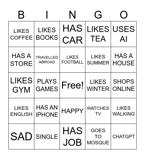 My Hobbies Bingo Card