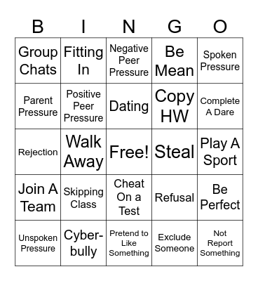 Peer Pressure Bingo Card
