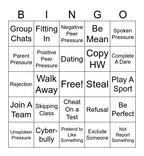 Peer Pressure Bingo Card