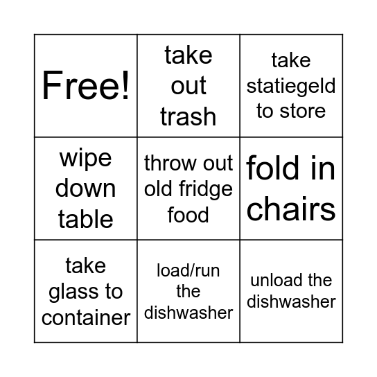 Household Tasks Bingo Card
