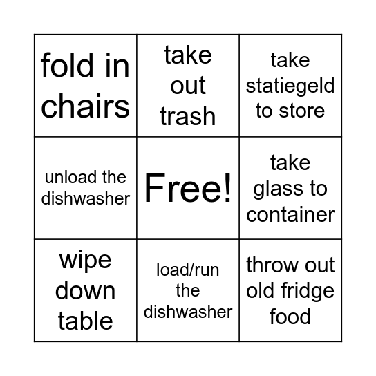 Household Tasks Bingo Card