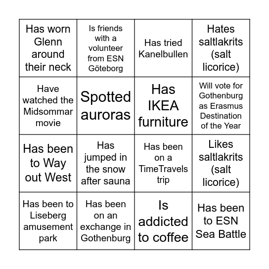 Your Gothenburg Bingo card Bingo Card