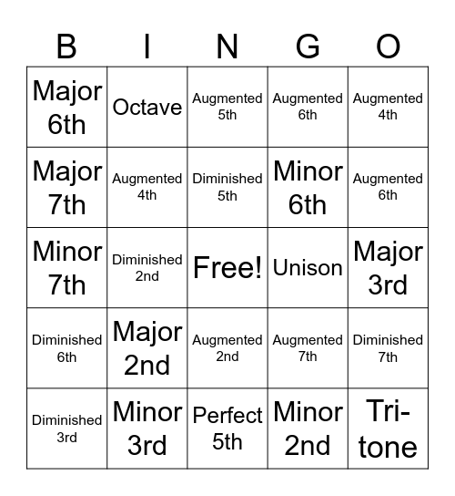 Music Intervals Bingo Card