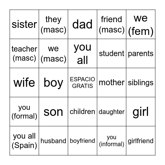 Somos 1.5.5 Vocabulario + Extra Bingo Card