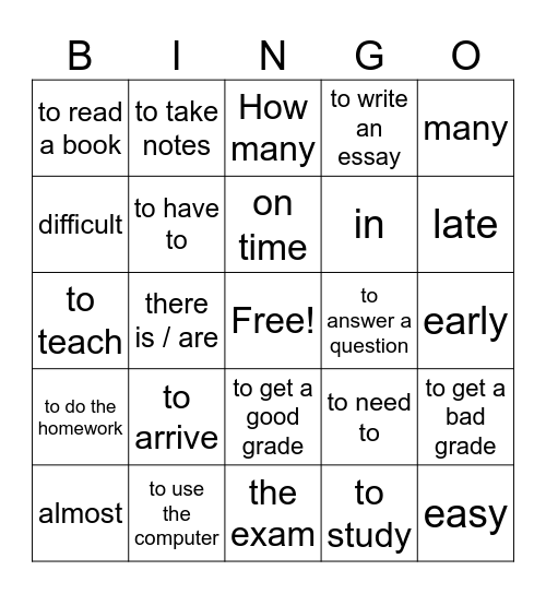 Classroom activities Bingo Card