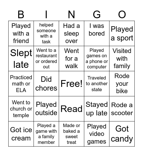 Welcome Back from Spring Break! Bingo Card